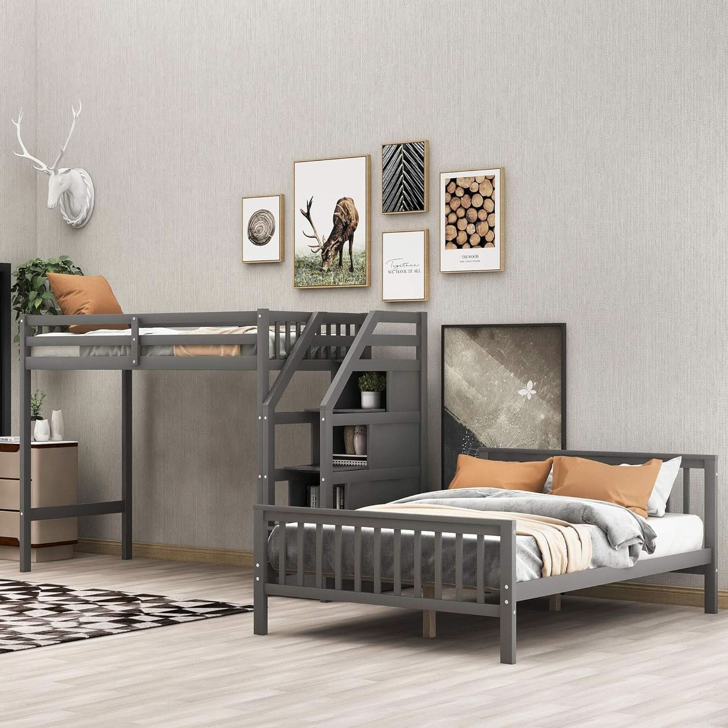 Gray Twin Over Full Bunk Bed With Storage Stairs Solid Wood