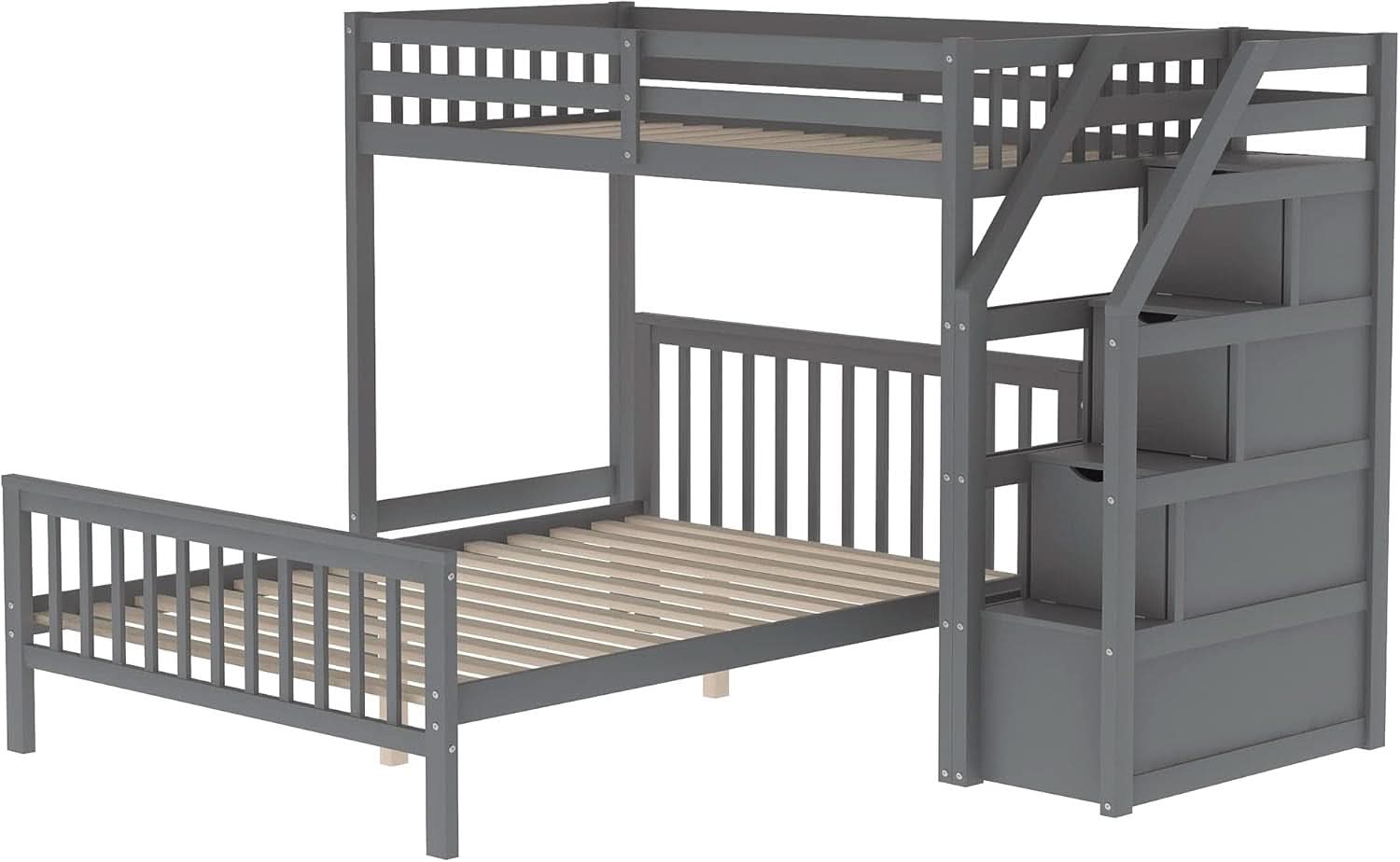 Gray Twin Over Full Bunk Bed With Storage Stairs Solid Wood
