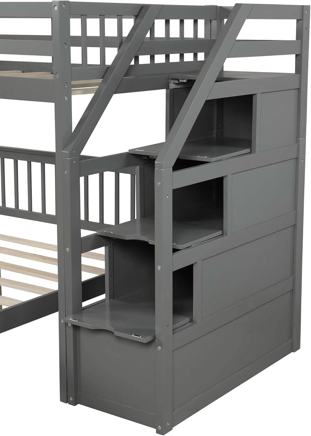 Gray Twin Over Full Bunk Bed With Storage Stairs Solid Wood