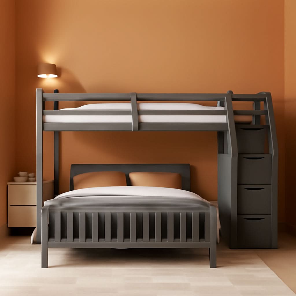 Gray Twin Over Full Bunk Bed With Storage Stairs Solid Wood