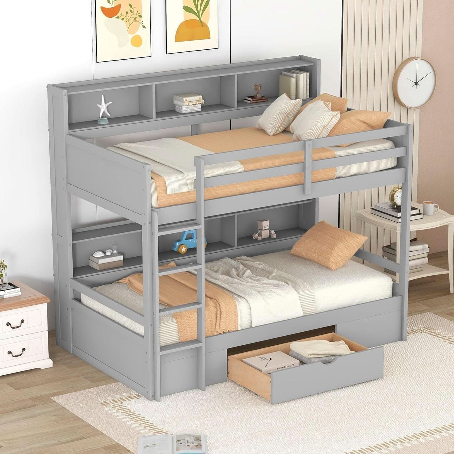 Gray Twin Over Twin Bunk Bed With Storage Drawers Shelves