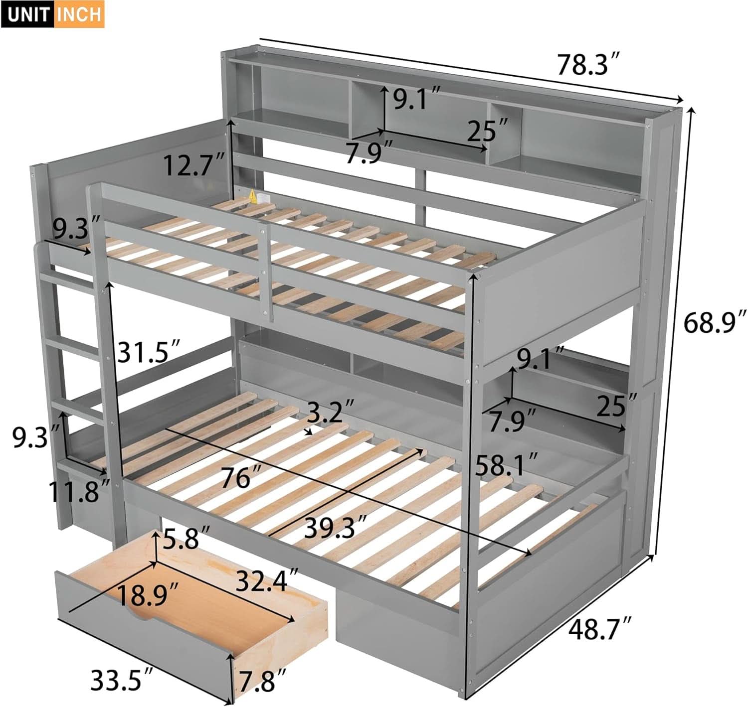 Gray Twin Over Twin Bunk Bed With Storage Drawers Shelves