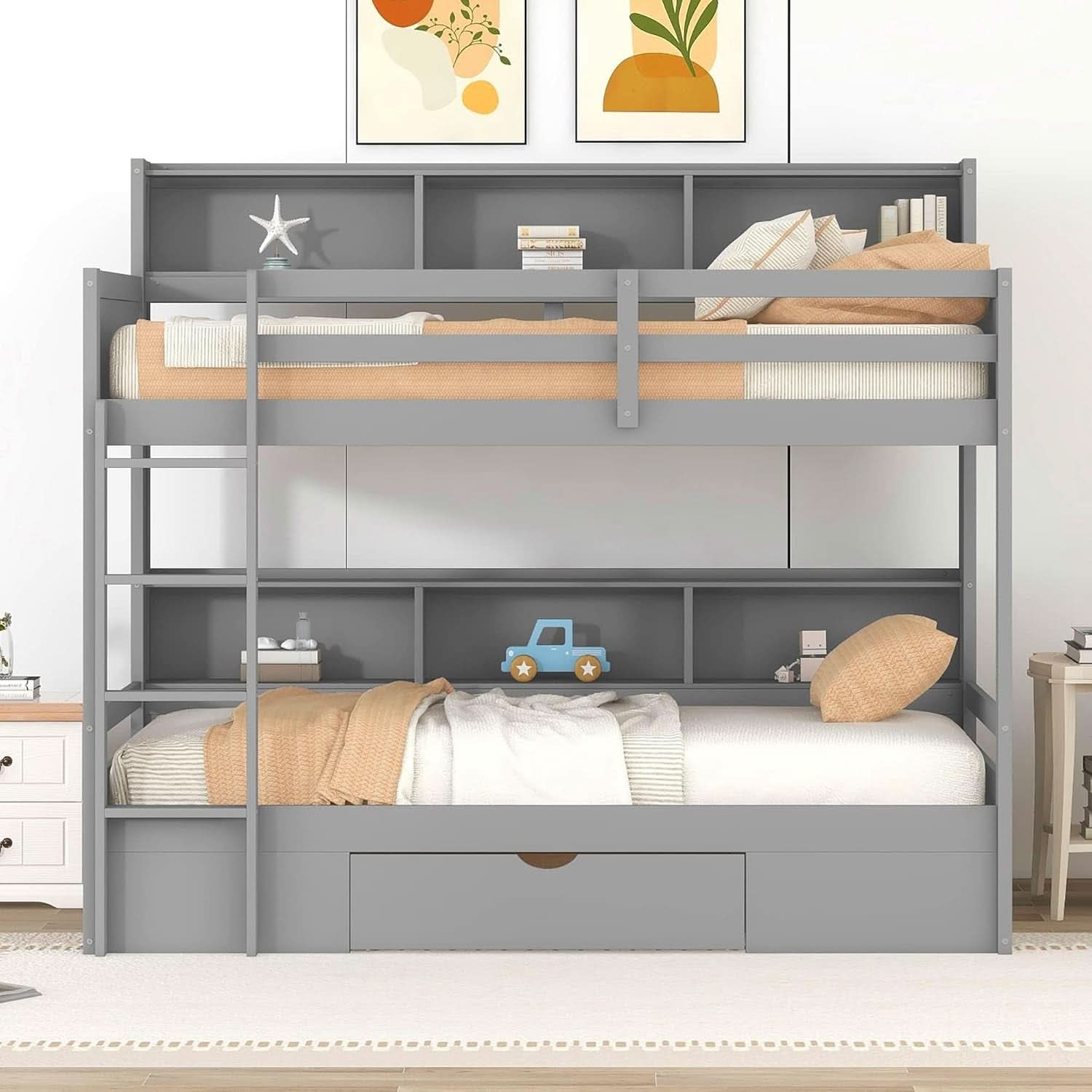 Gray Twin Over Twin Bunk Bed With Storage Drawers Shelves