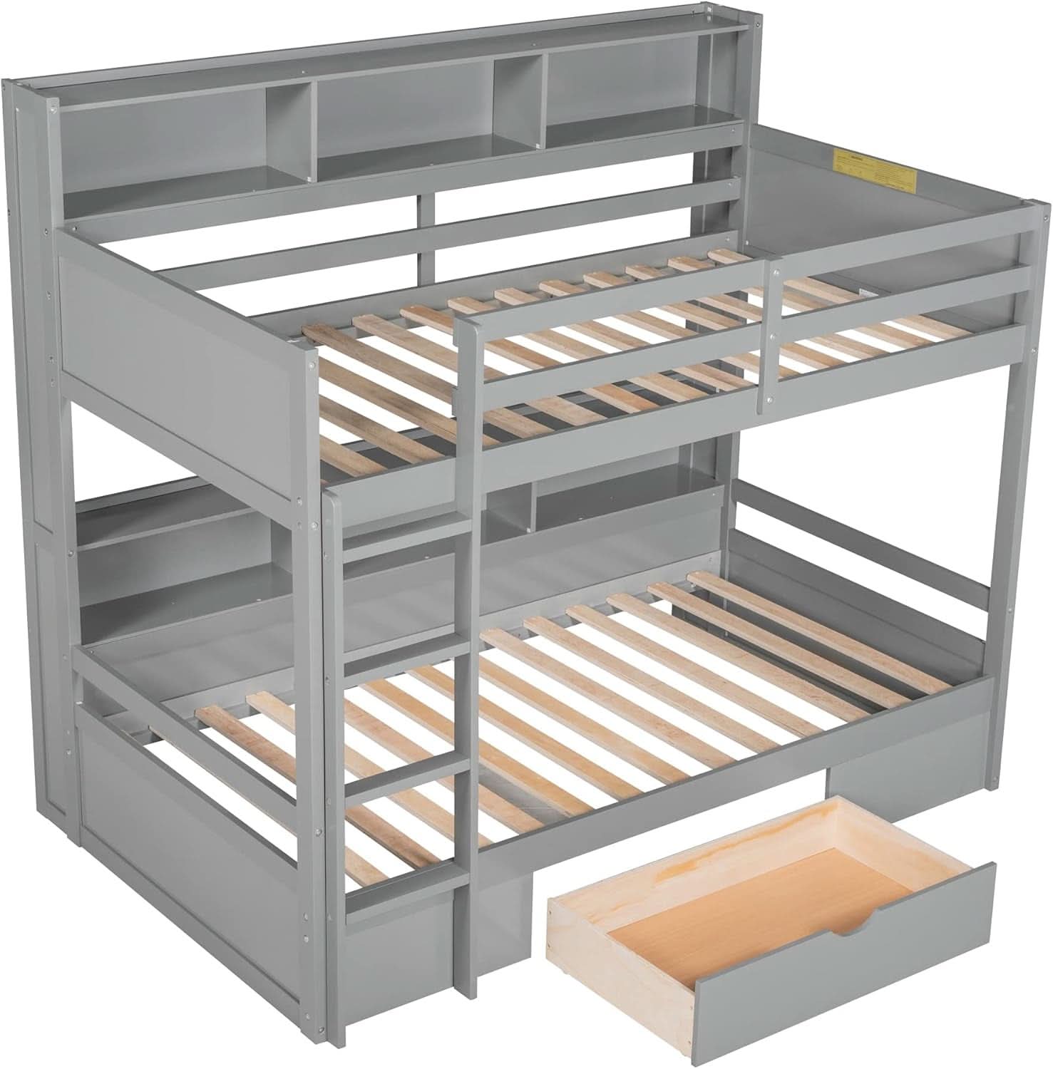 Gray Twin Over Twin Bunk Bed With Storage Drawers Shelves
