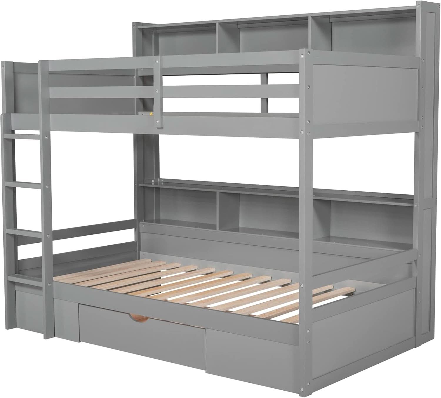 Gray Twin Over Twin Bunk Bed With Storage Drawers Shelves