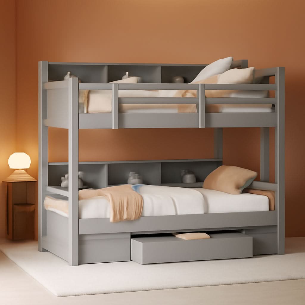 Gray Twin Over Twin Bunk Bed With Storage Drawers Shelves