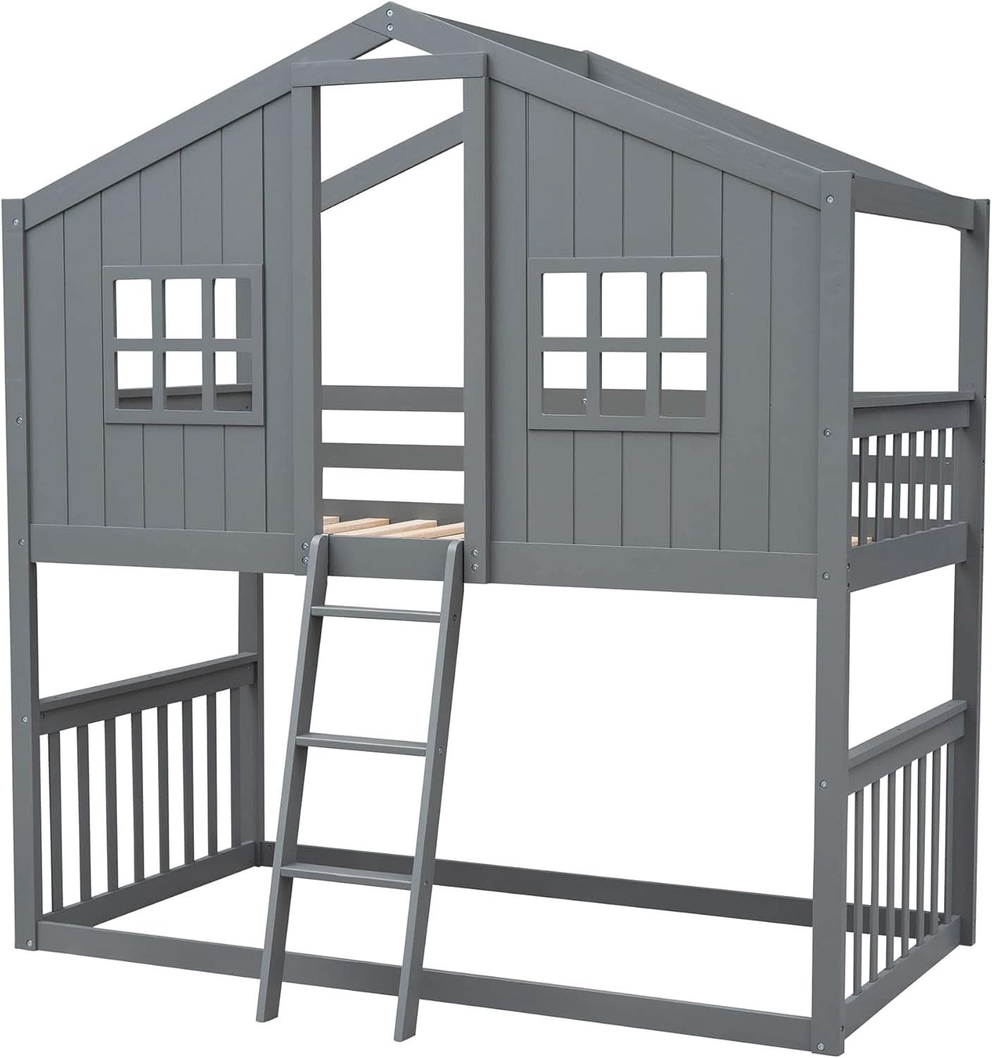 Gray Twin Over Twin House Bunk Bed With Roof For Kids