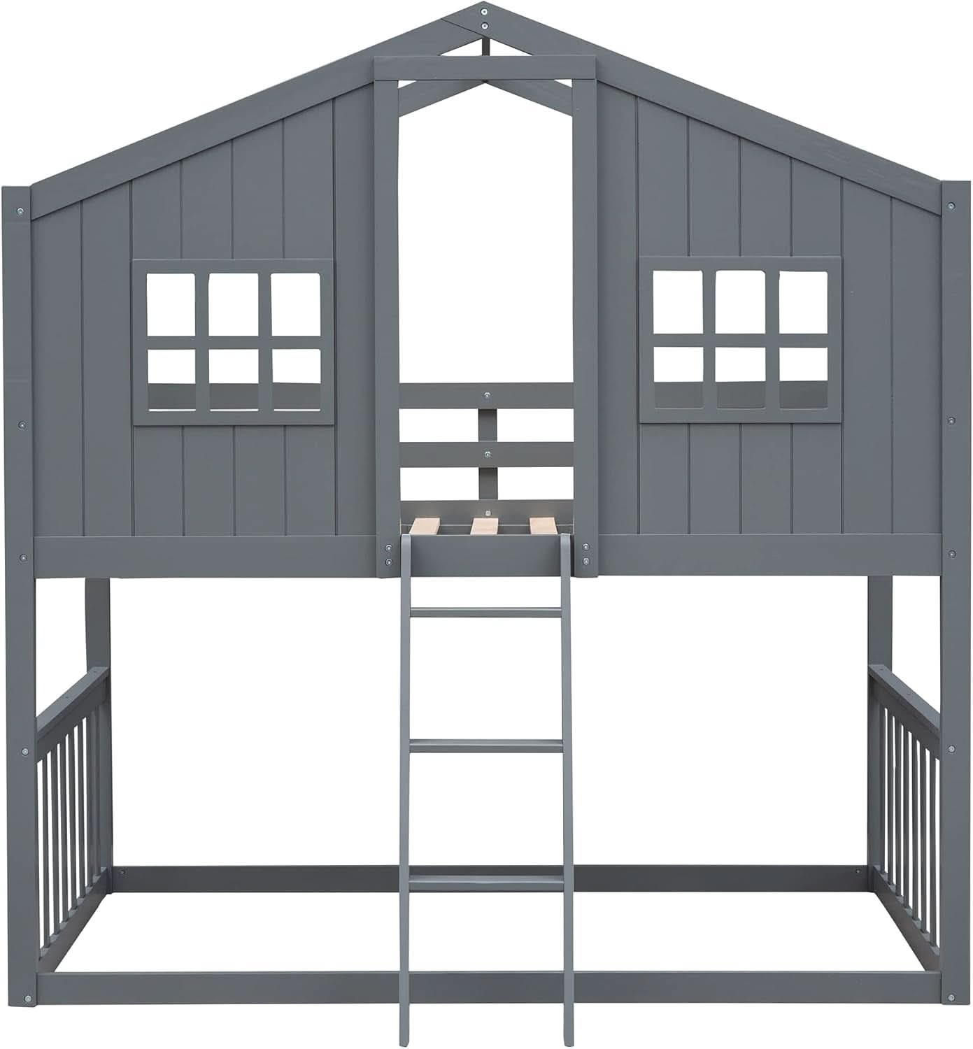 Gray Twin Over Twin House Bunk Bed With Roof For Kids