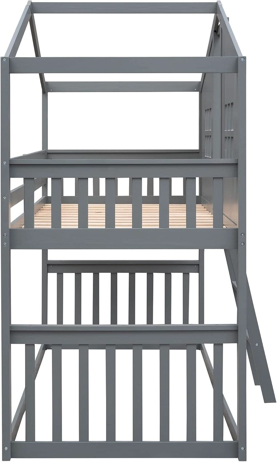 Gray Twin Over Twin House Bunk Bed With Roof For Kids