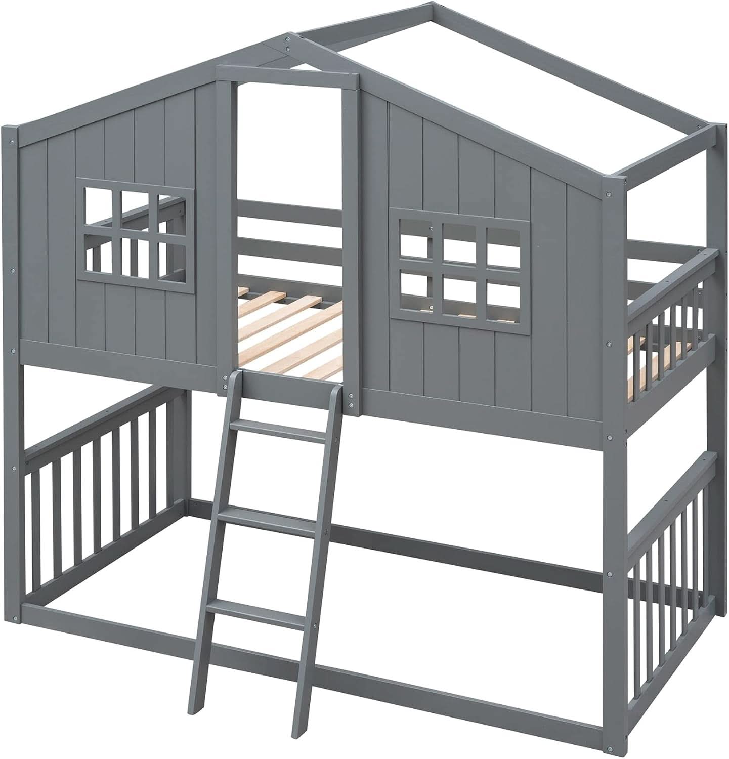 Gray Twin Over Twin House Bunk Bed With Roof For Kids