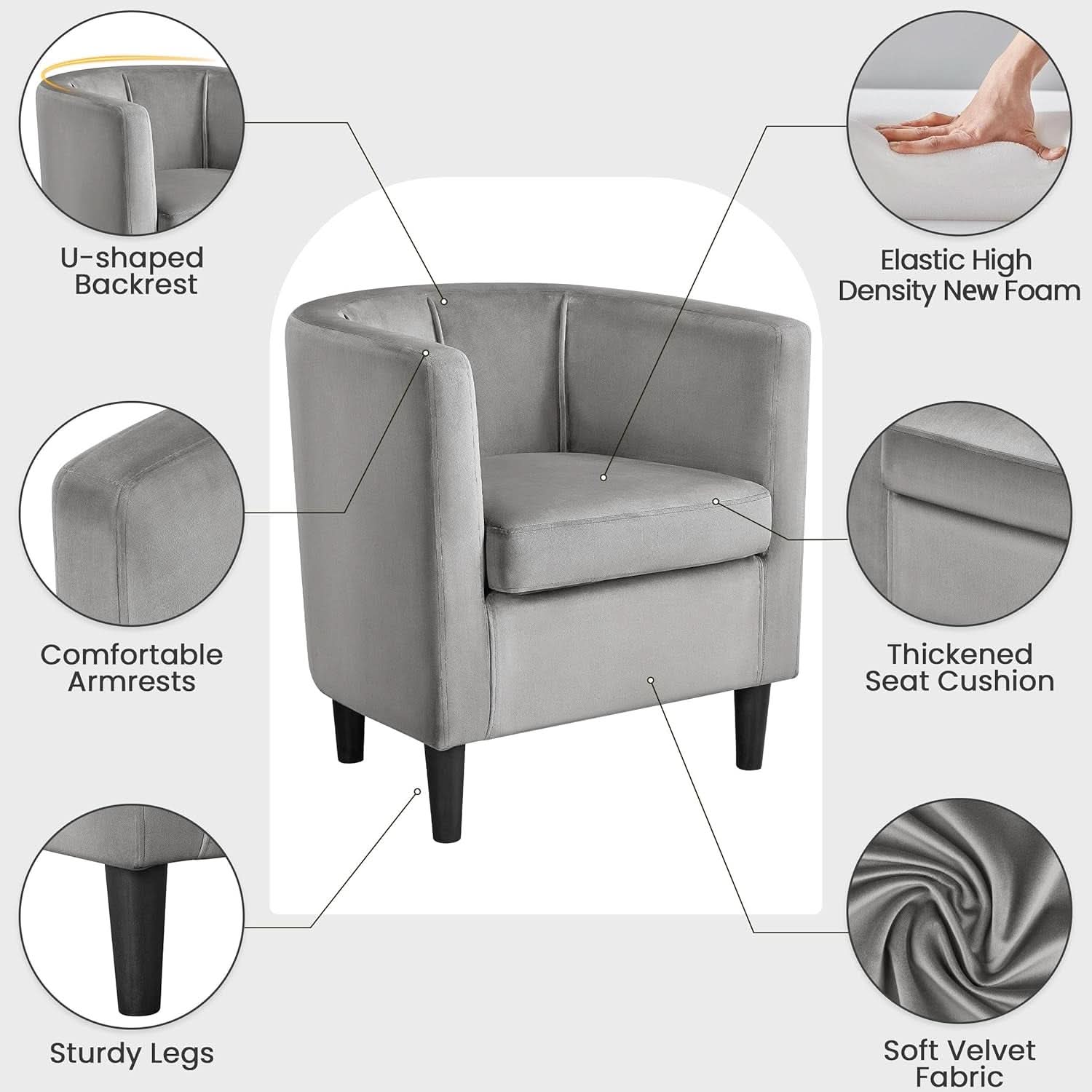 Gray Velvet Barrel Accent Chairs Set of 2 18.5x19.7in Seats