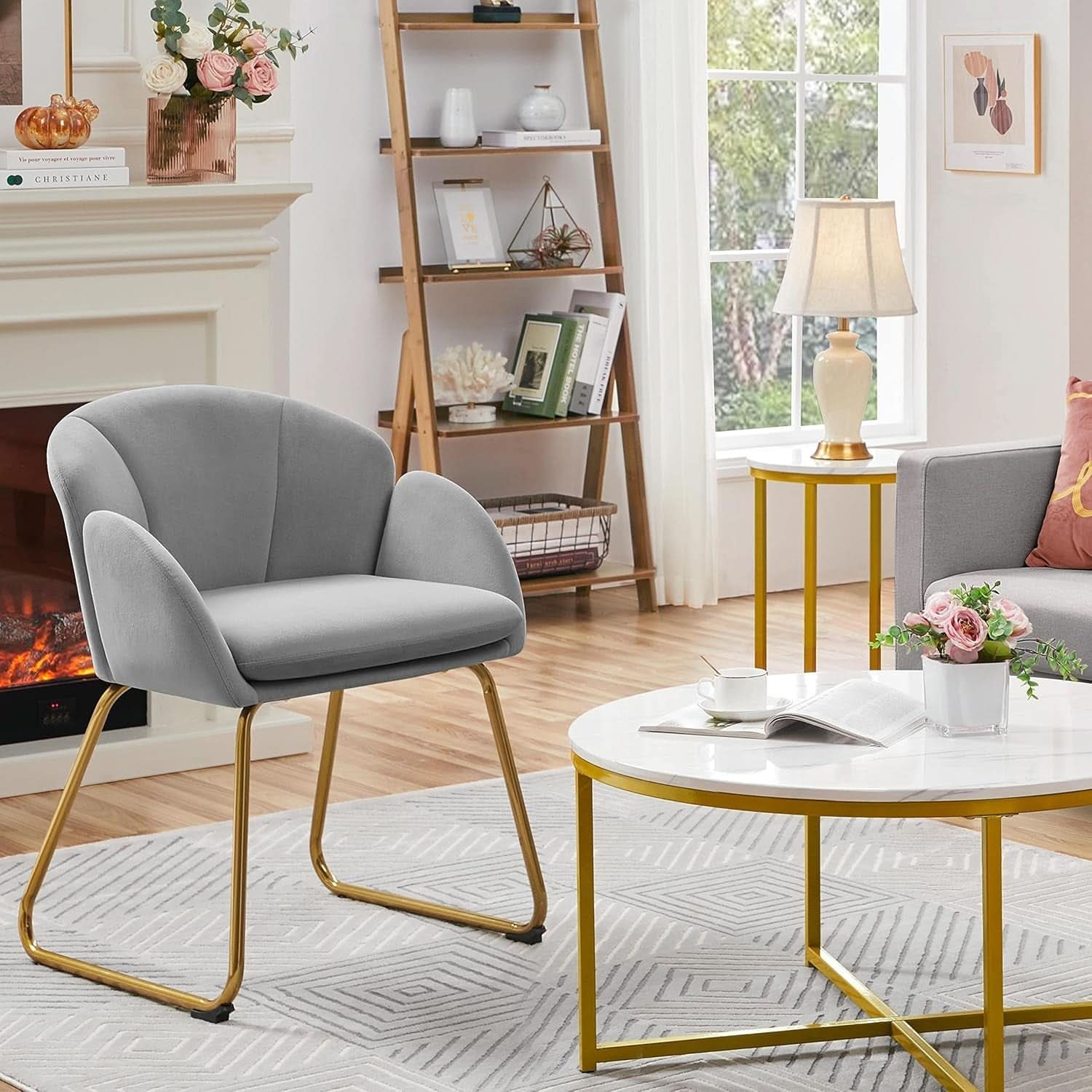 Gray Velvet Flower Shape Vanity Chair With Gold Metal Legs