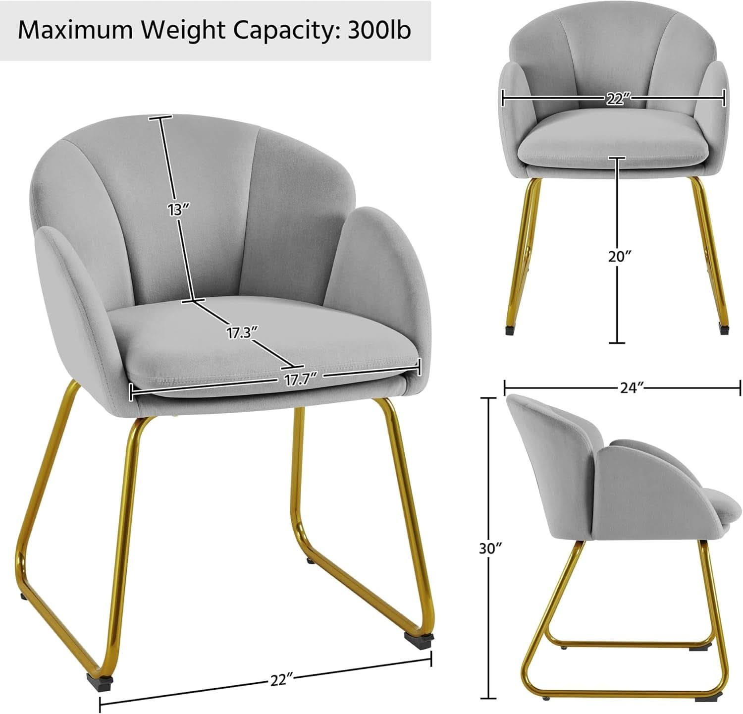 Gray Velvet Flower Shape Vanity Chair With Gold Metal Legs