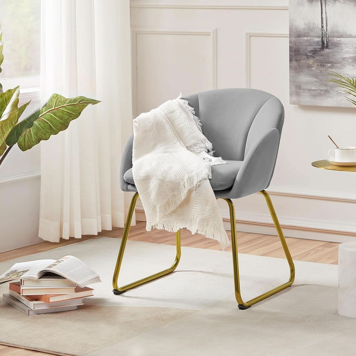 Gray Velvet Flower Shape Vanity Chair With Gold Metal Legs