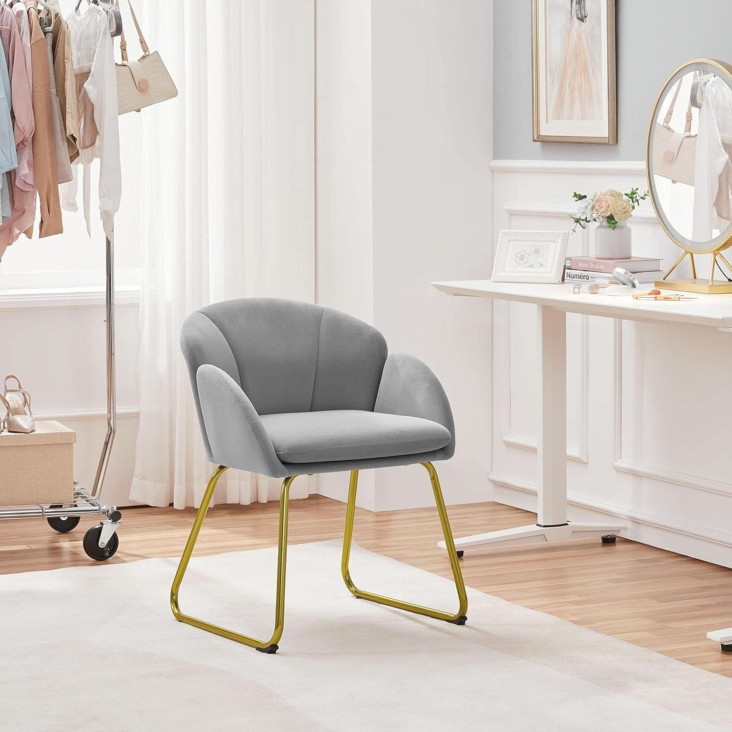 Gray Velvet Flower Shape Vanity Chair With Gold Metal Legs