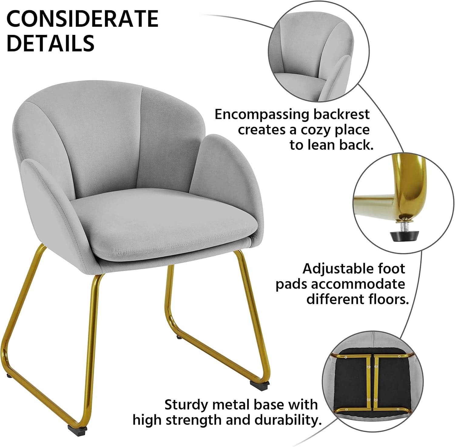 Gray Velvet Flower Shape Vanity Chair With Gold Metal Legs