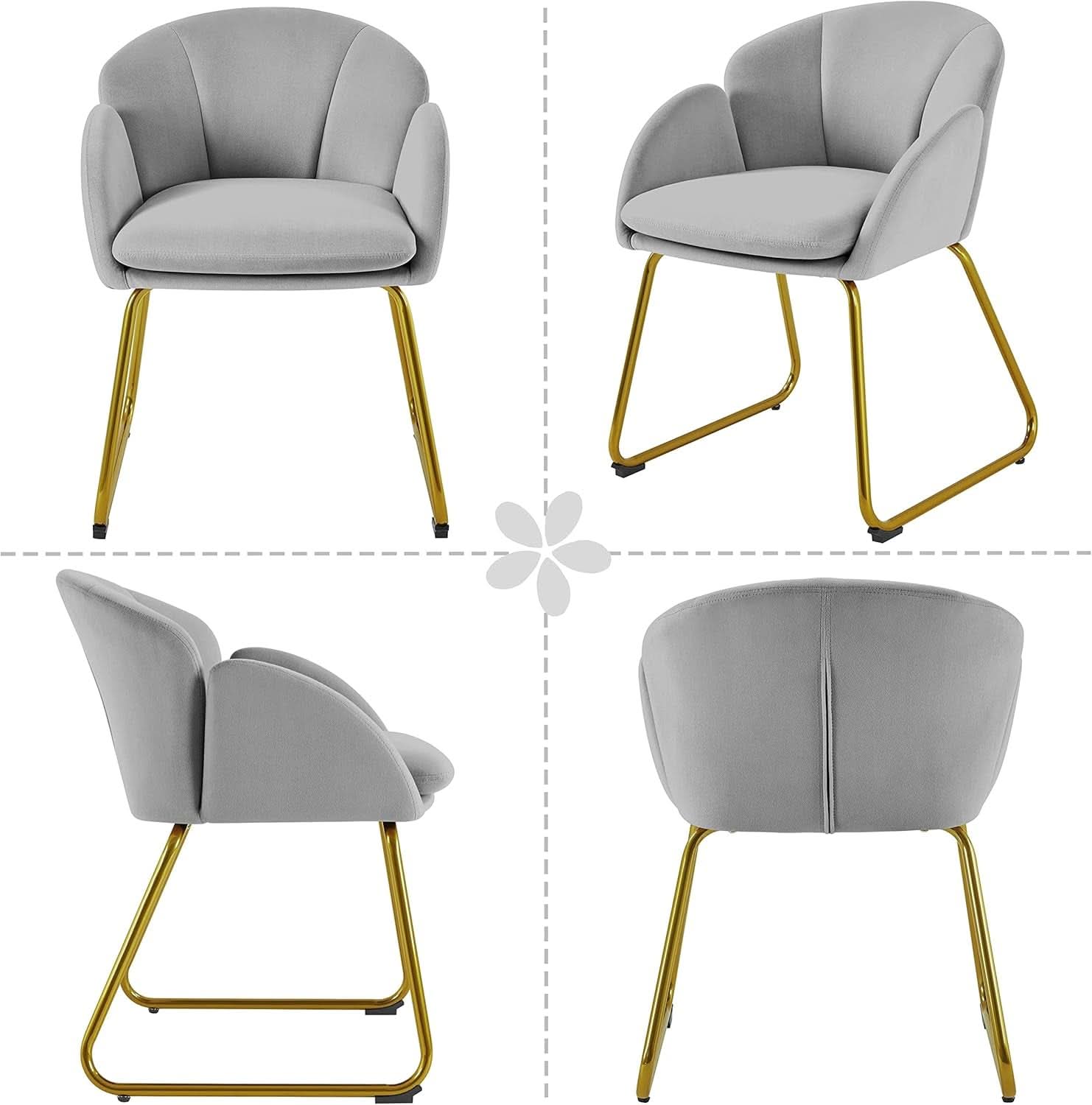 Gray Velvet Flower Shape Vanity Chair With Gold Metal Legs