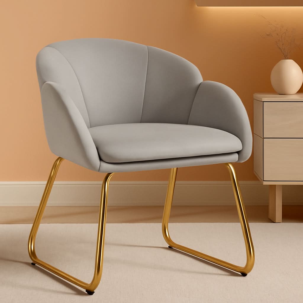 Gray Velvet Flower Shape Vanity Chair With Gold Metal Legs