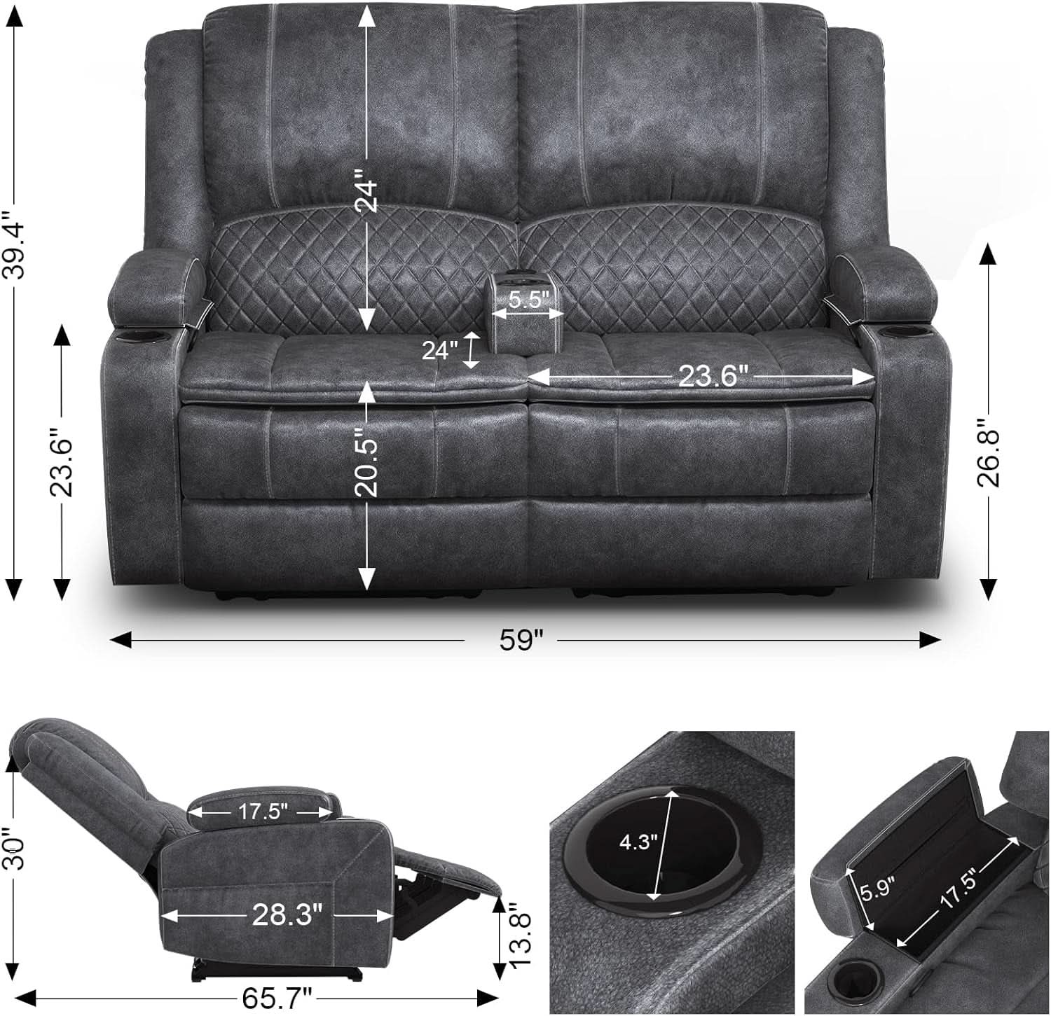 Gray Velvet Manual Recliner Loveseat With USB Ports
