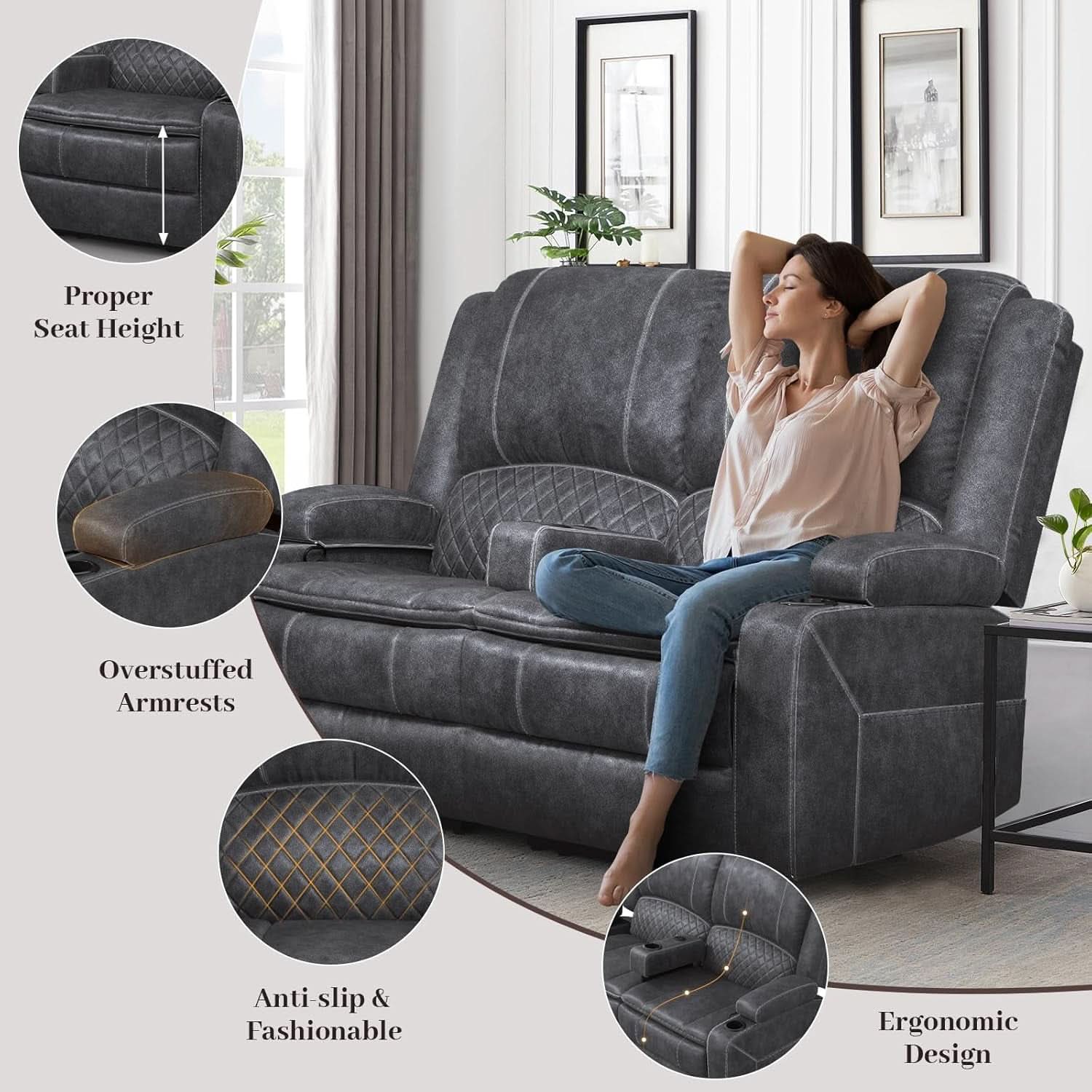 Gray Velvet Manual Recliner Loveseat With USB Ports