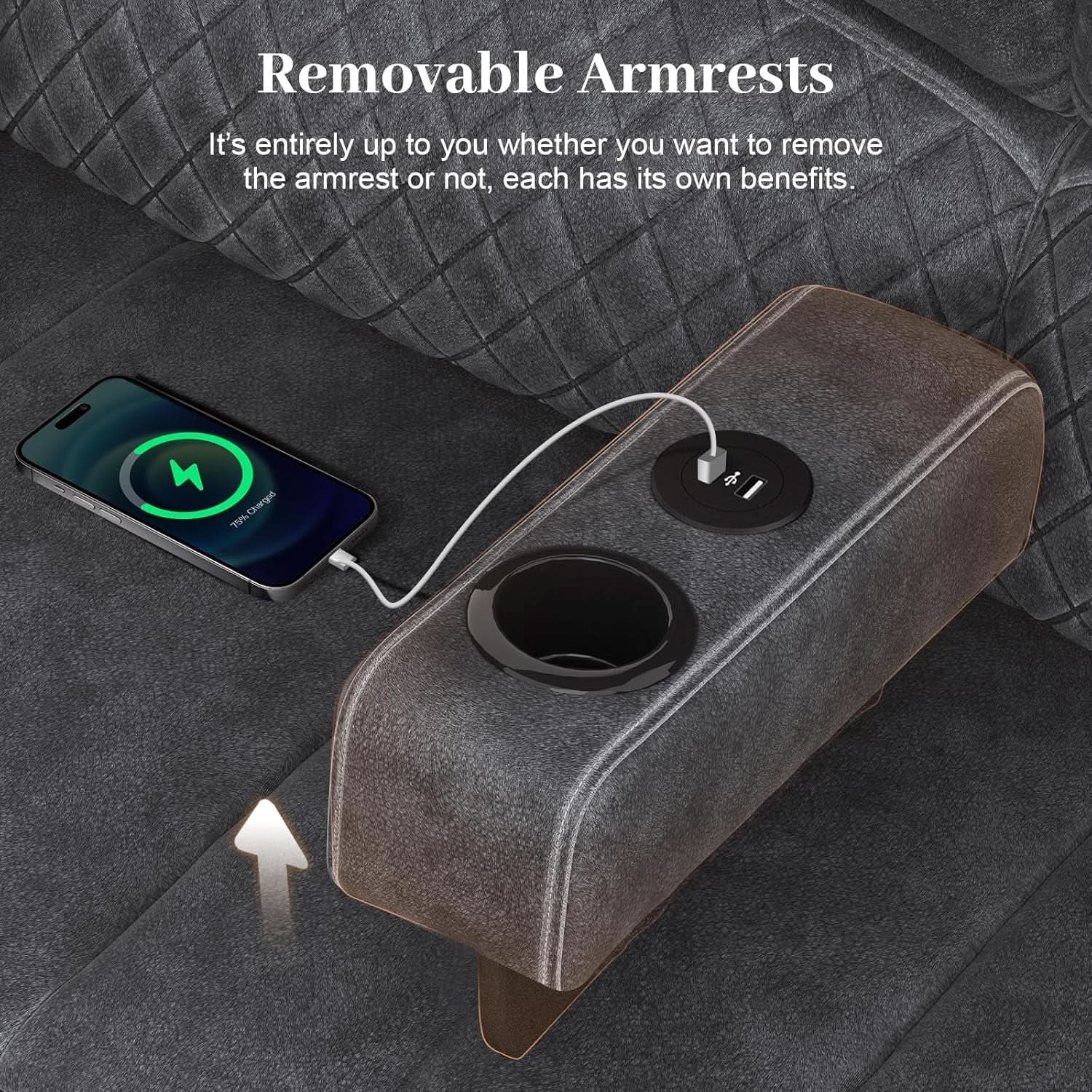 Gray Velvet Manual Recliner Loveseat With USB Ports