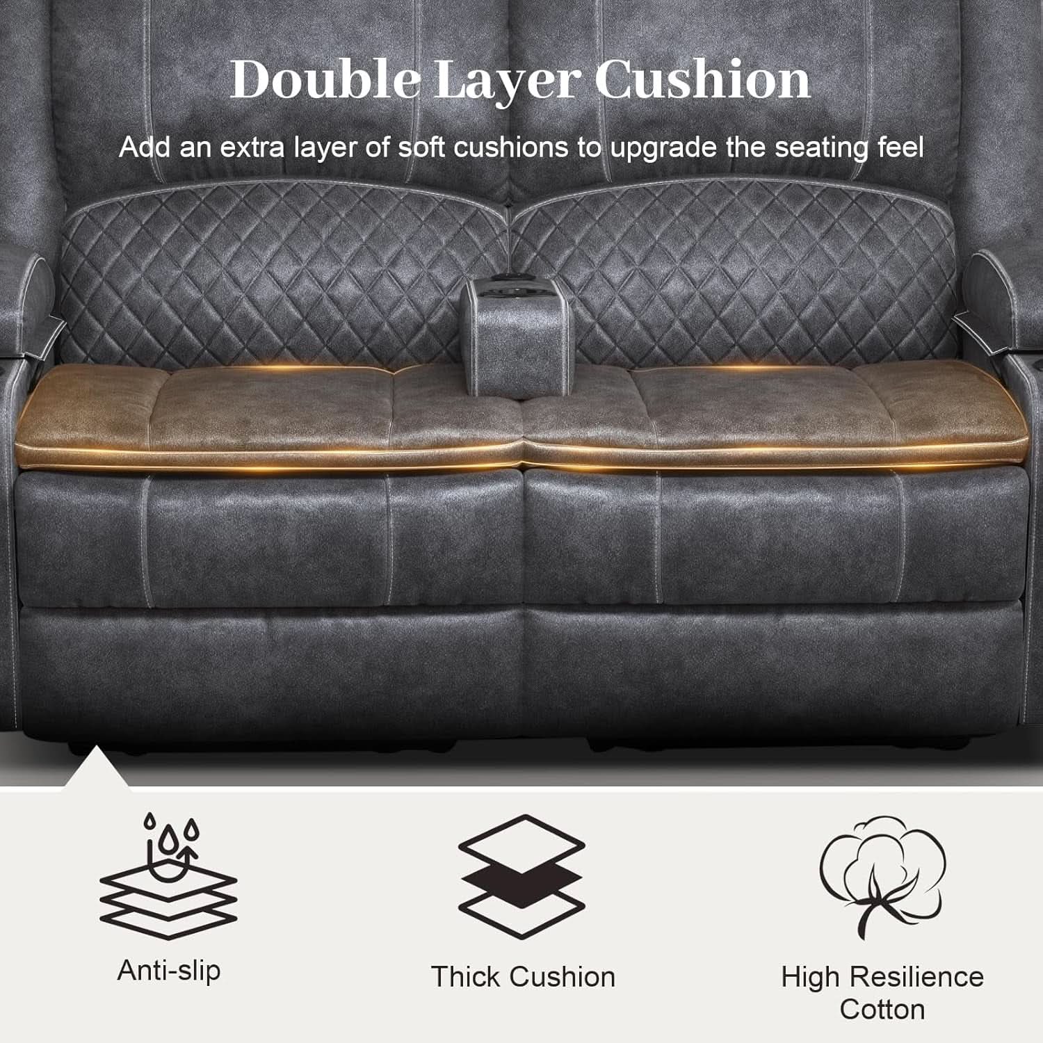 Gray Velvet Manual Recliner Loveseat With USB Ports
