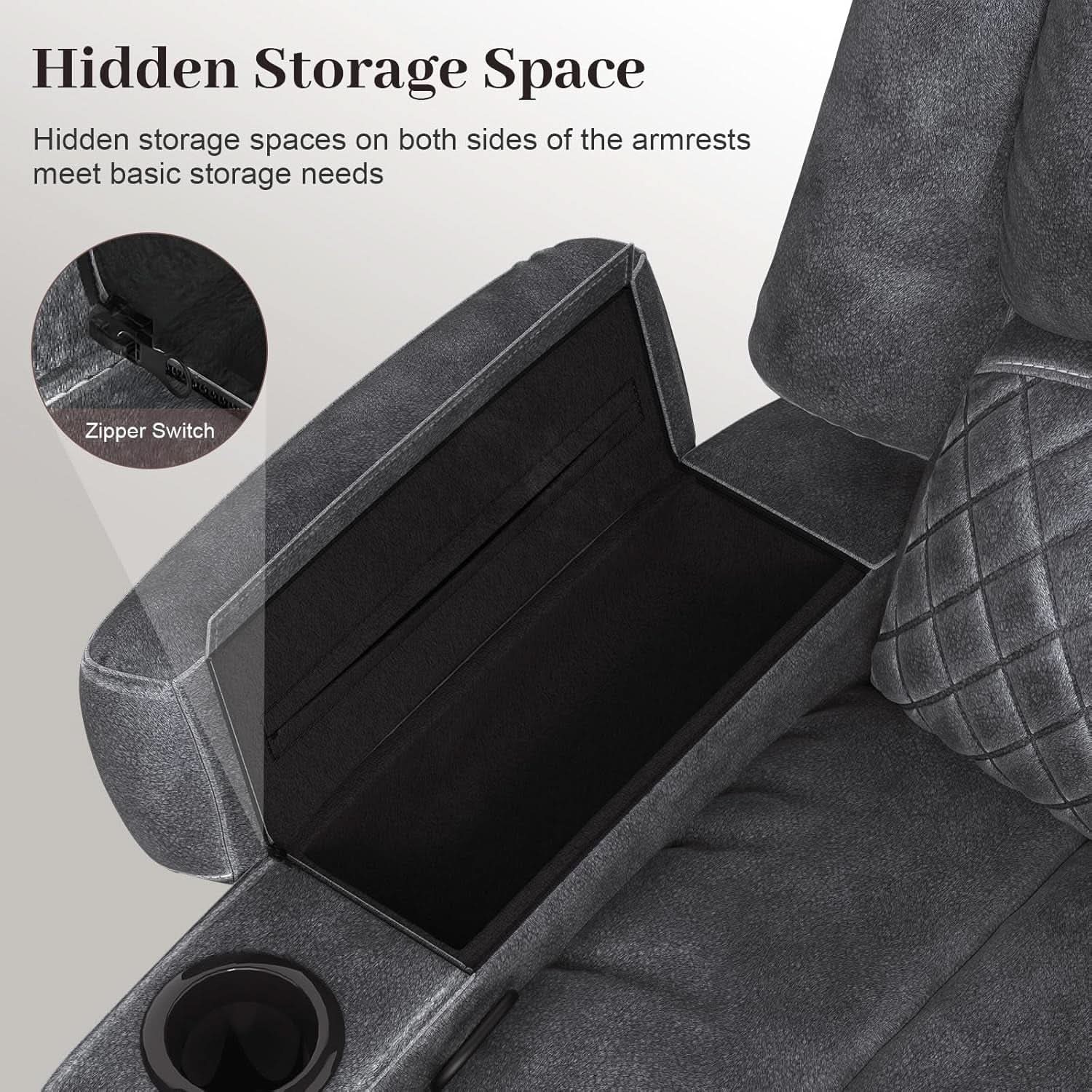 Gray Velvet Manual Recliner Loveseat With USB Ports