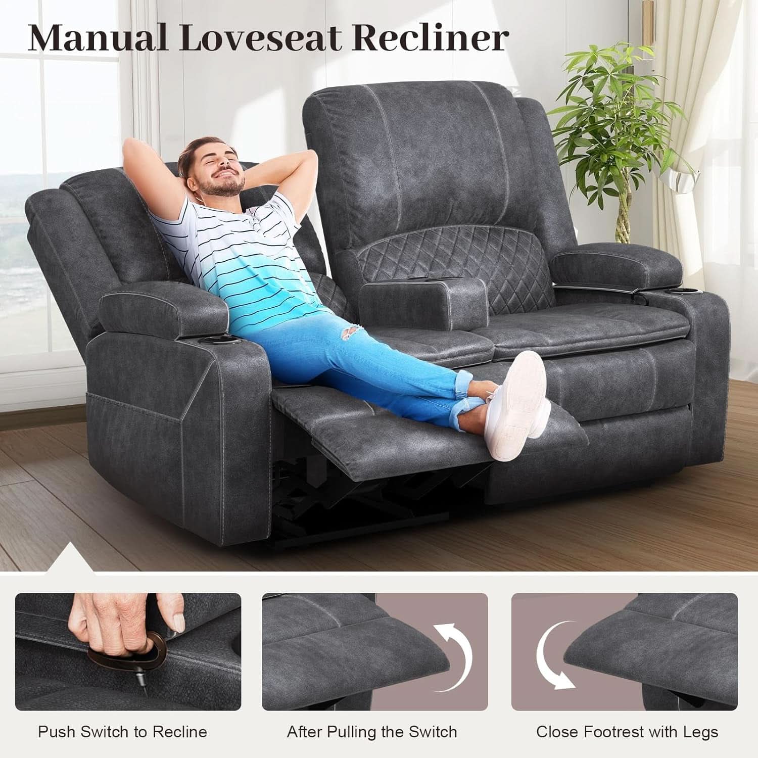 Gray Velvet Manual Recliner Loveseat With USB Ports