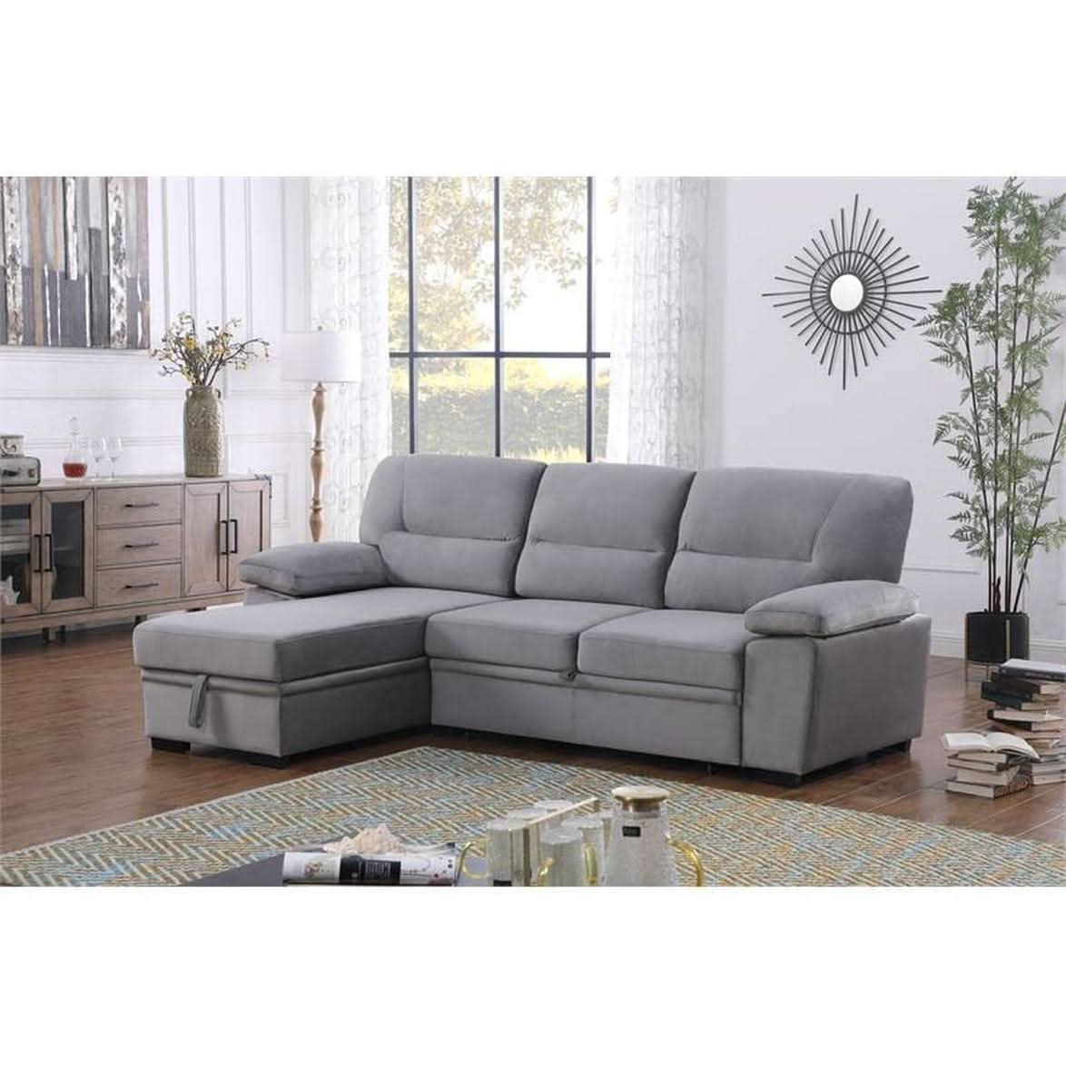 Gray Velvet Reversible Sleeper Sectional Sofa With Storage