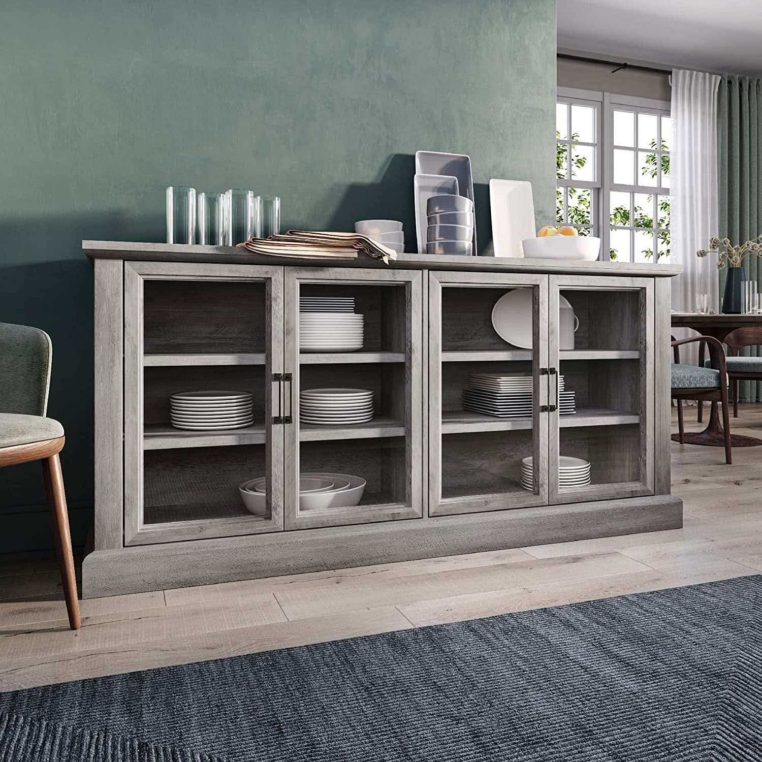 Gray Wash Sideboard With Glass Display Cabinet For Dining Room