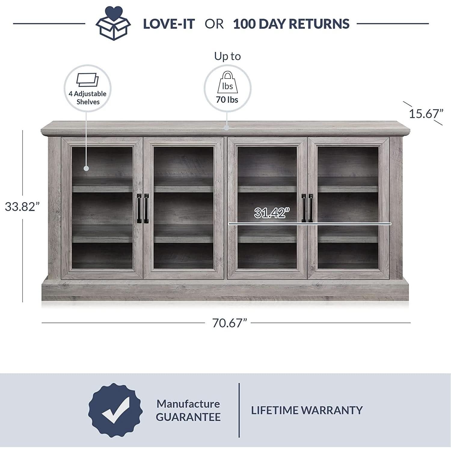 Gray Wash Sideboard With Glass Display Cabinet For Dining Room