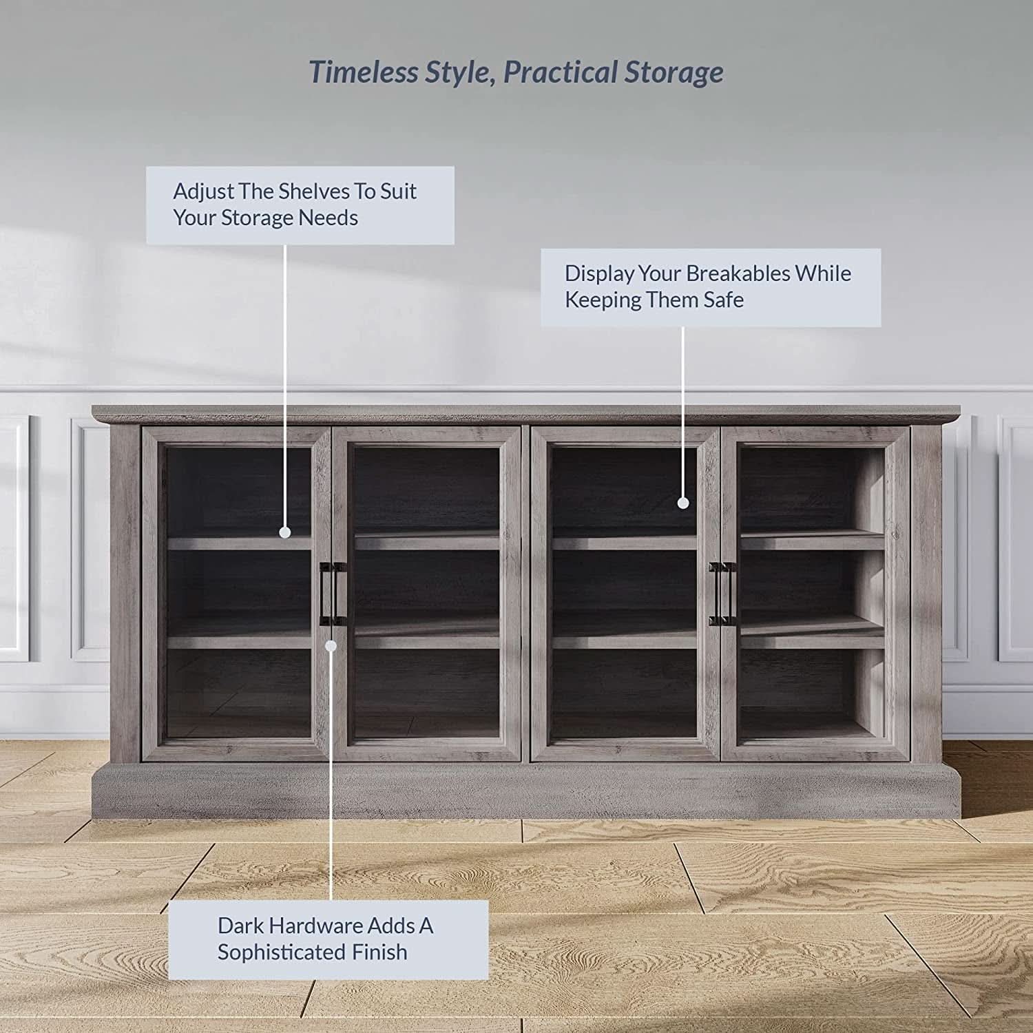 Gray Wash Sideboard With Glass Display Cabinet For Dining Room