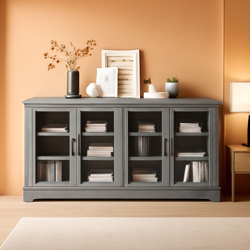 Gray Wash Sideboard With Glass Display Cabinet For Dining Room