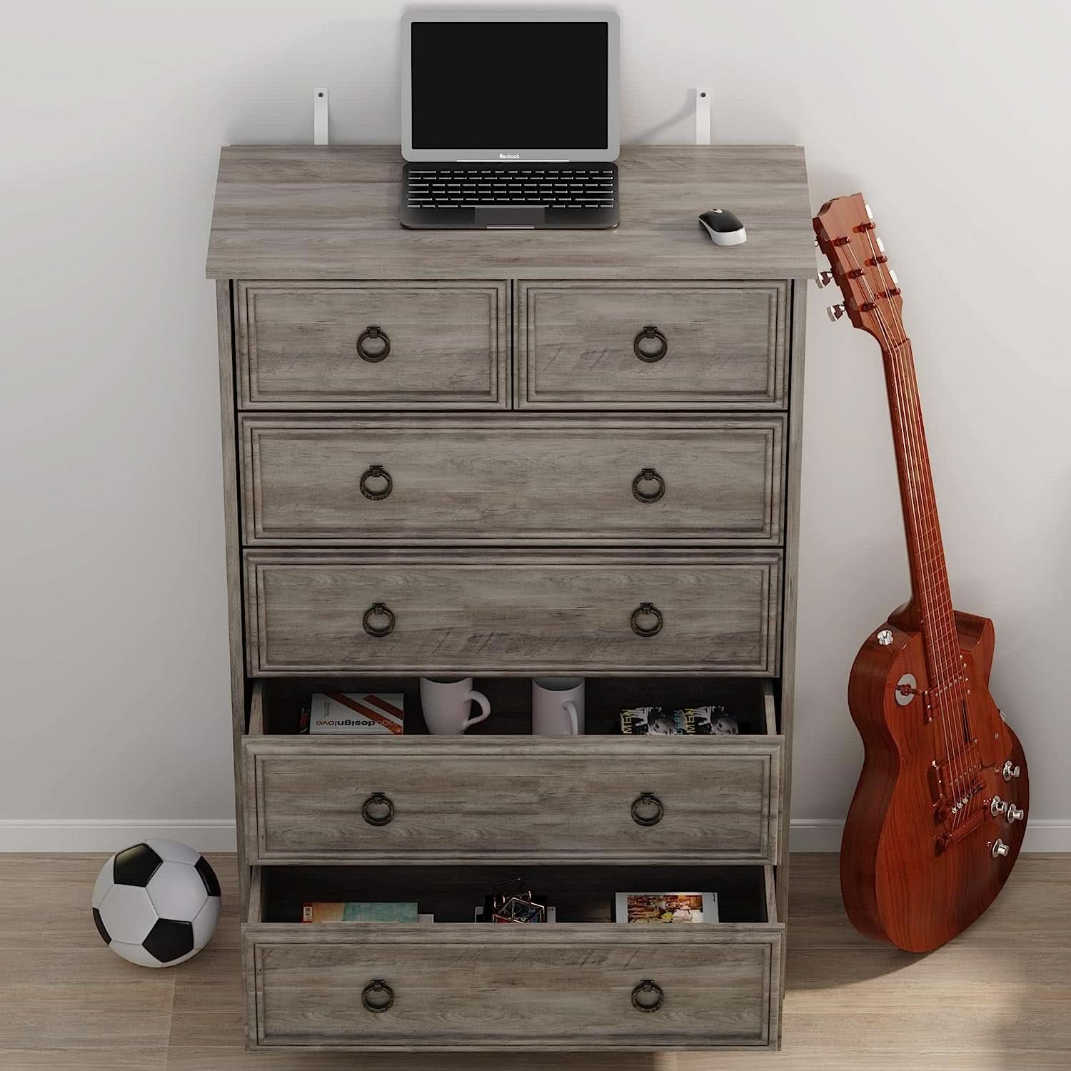 Gray Wash Tall Dresser 6 Drawer Bedroom Storage Cabinet