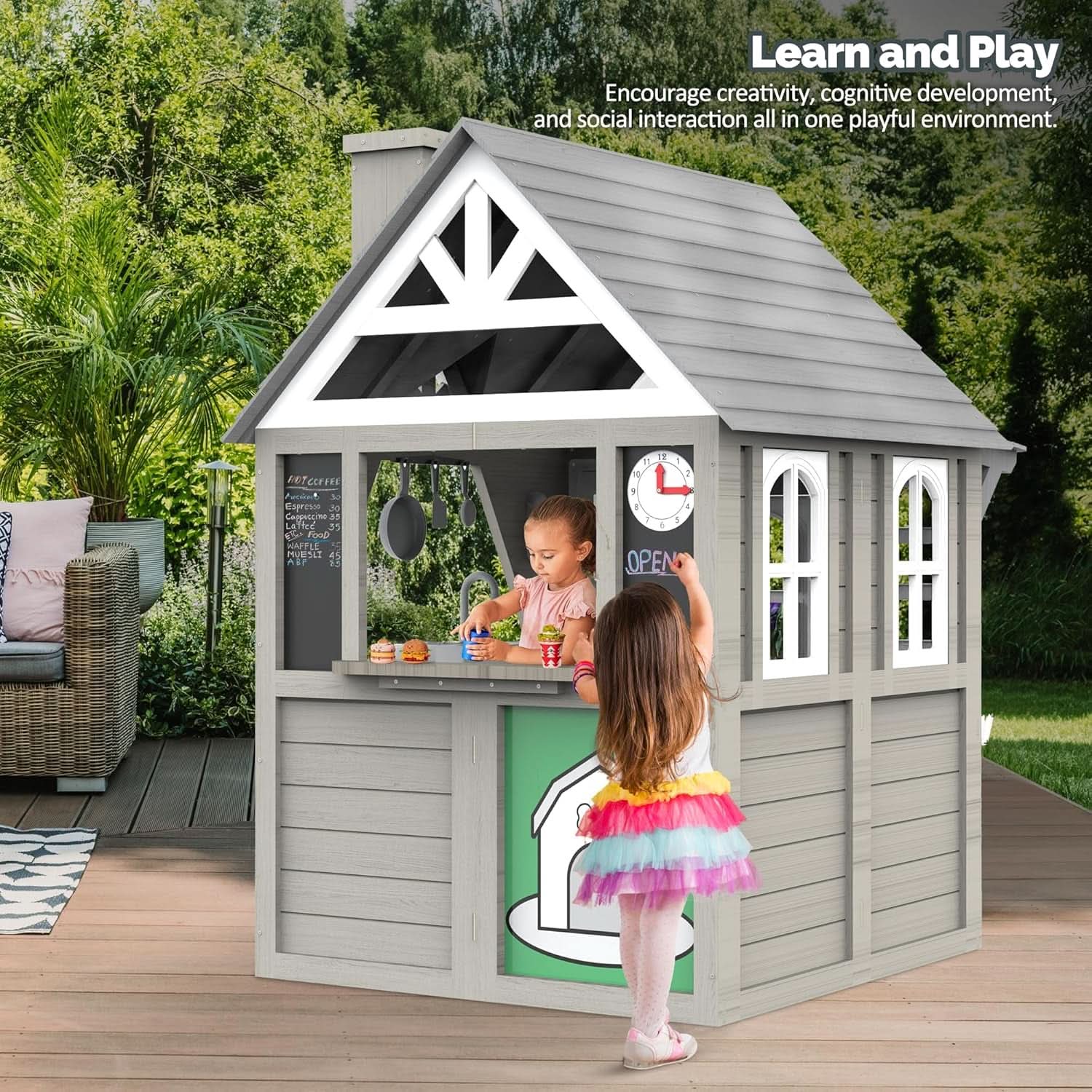 Gray Weatherproof Outdoor Wooden Playhouse With Sink