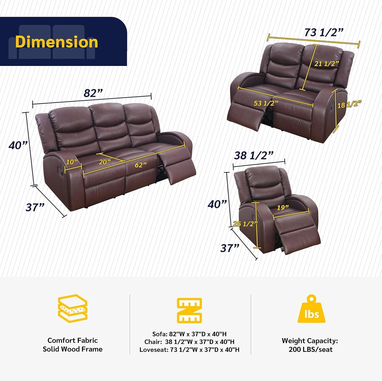Grayson 3 Piece Faux Leather Recliner Set Sofa Loveseat Chair Brown