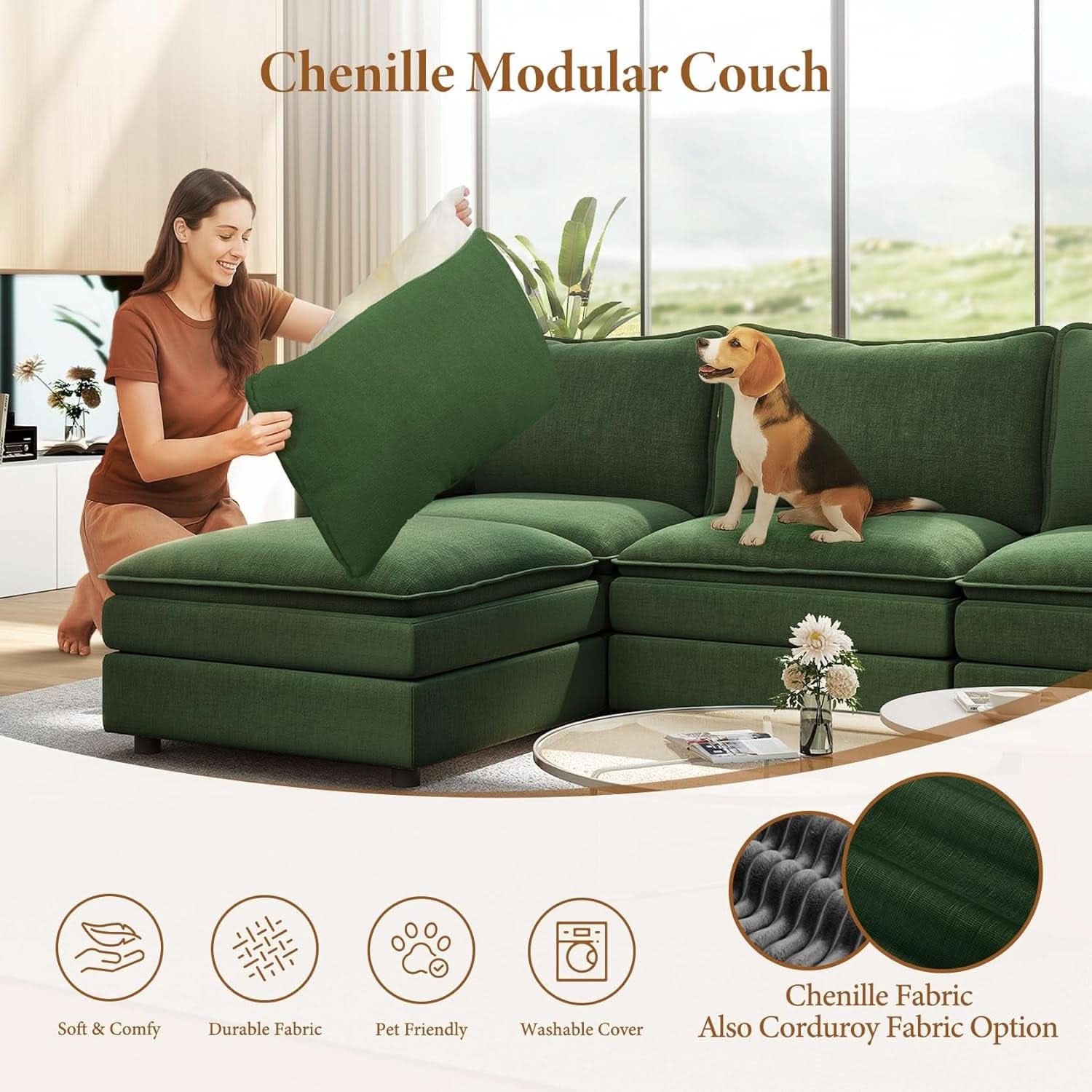 Green 108 Inch DeluxePlus Cloud Sleeper Sectional Sofa