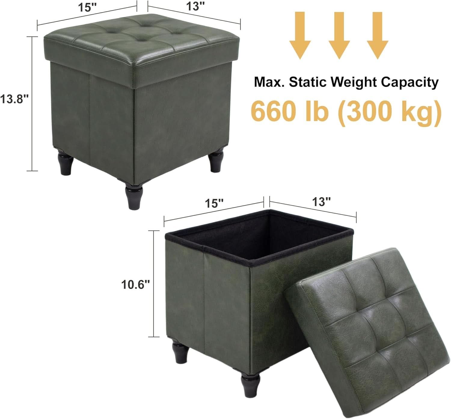 Green 15 Inch Storage Ottoman Bench for Living Room
