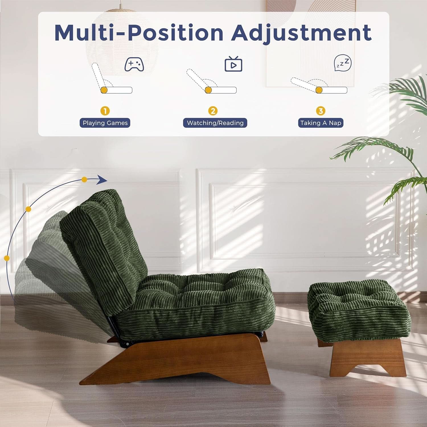 Green Adjustable Backrest Accent Chair With Ottoman