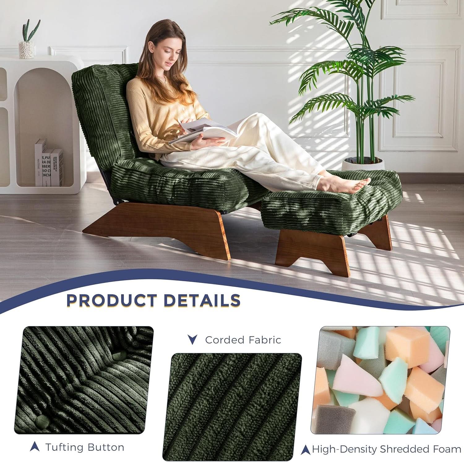Green Adjustable Backrest Accent Chair With Ottoman