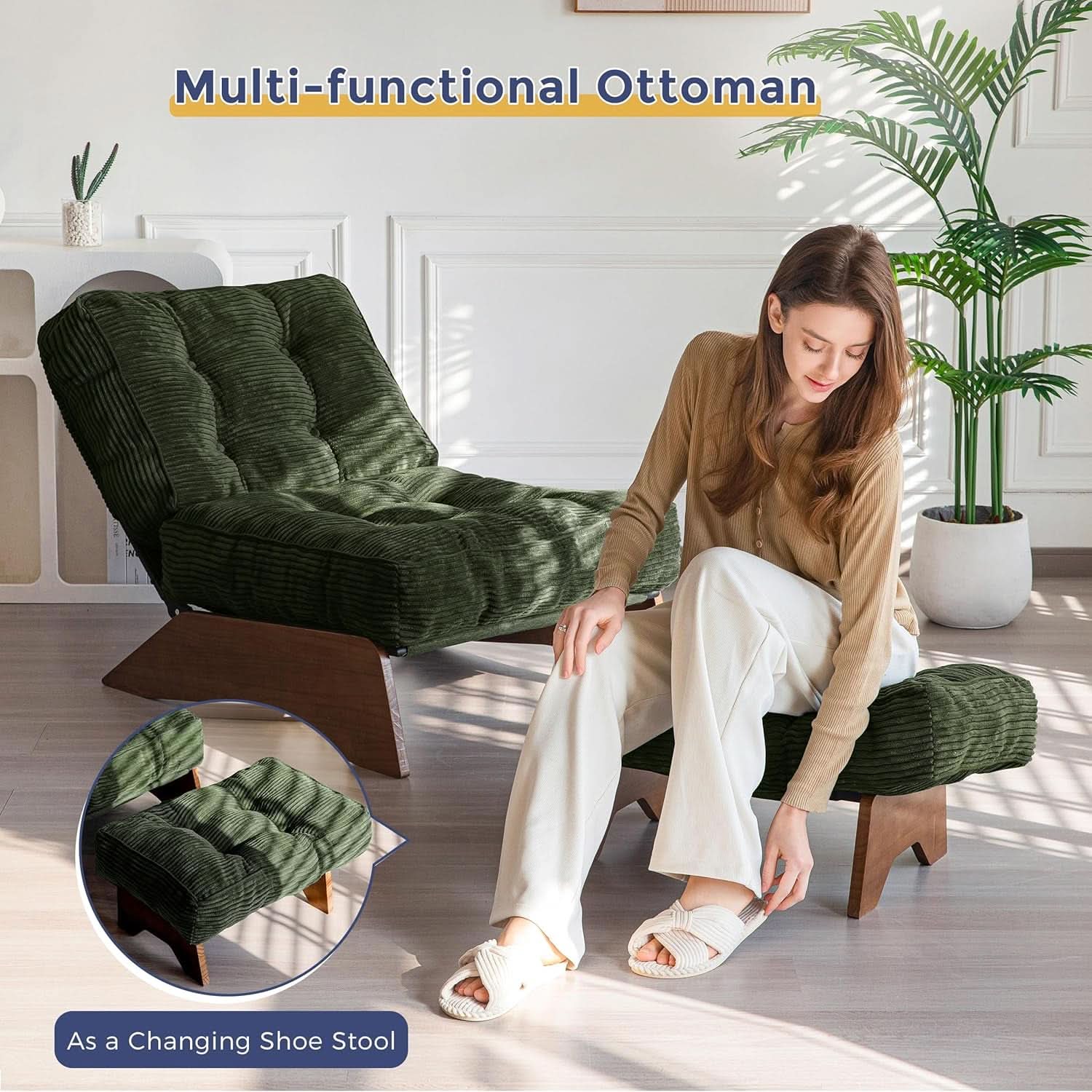 Green Adjustable Backrest Accent Chair With Ottoman
