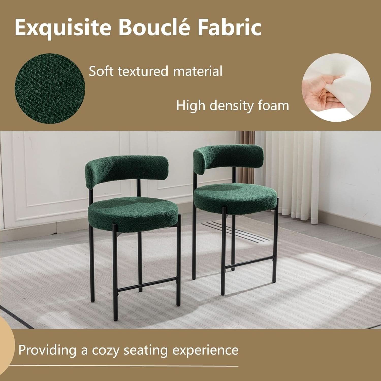 Green Boucle Counter Height Bar Stools Set of Three