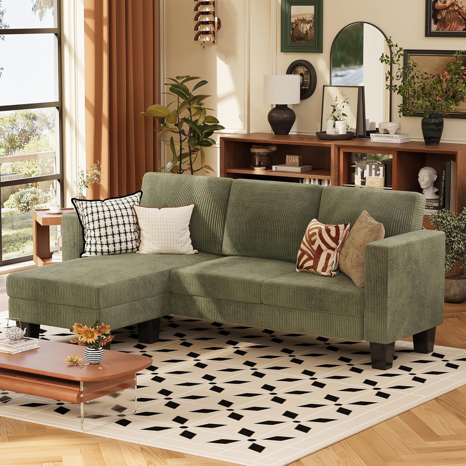 Green Convertible L Shape Sofa With Ottoman For Small Spaces