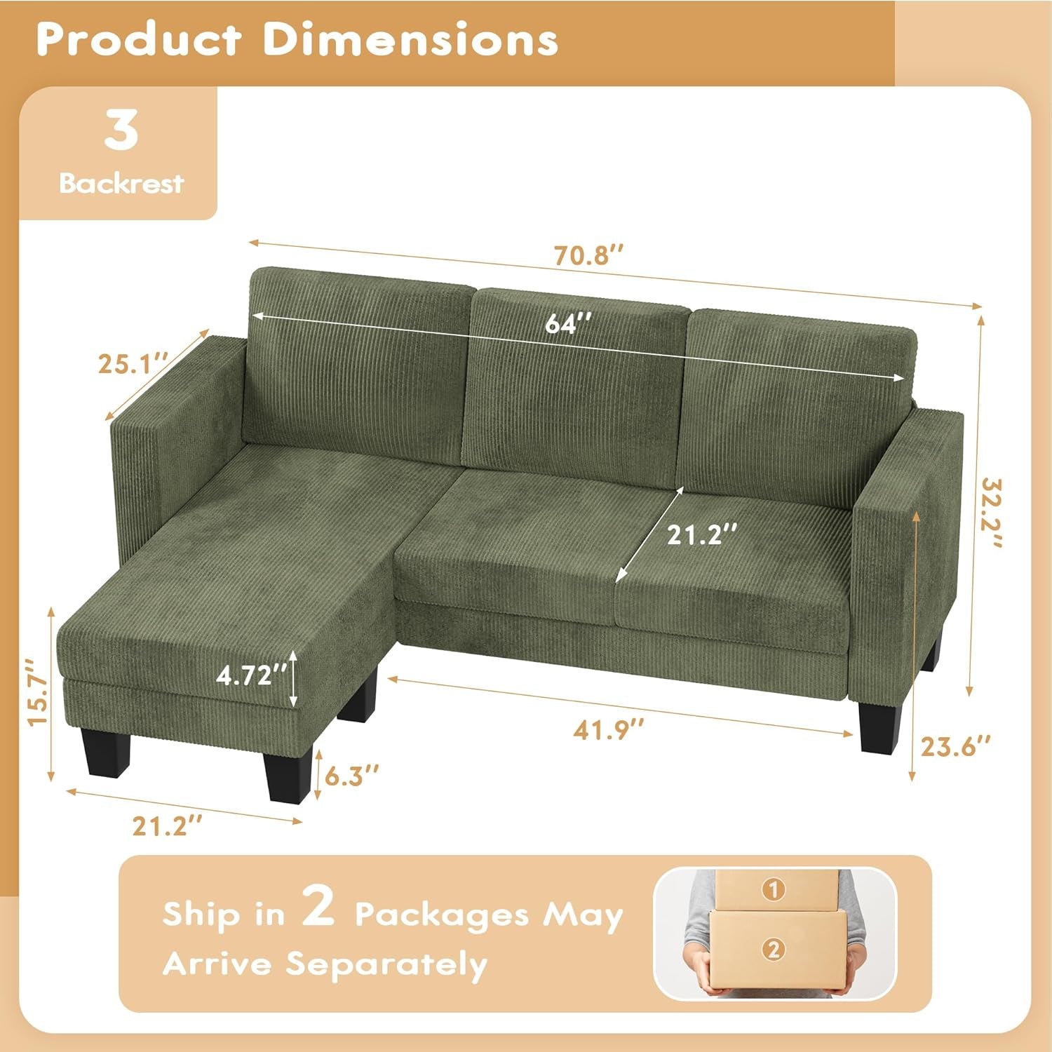 Green Convertible L Shape Sofa With Ottoman For Small Spaces