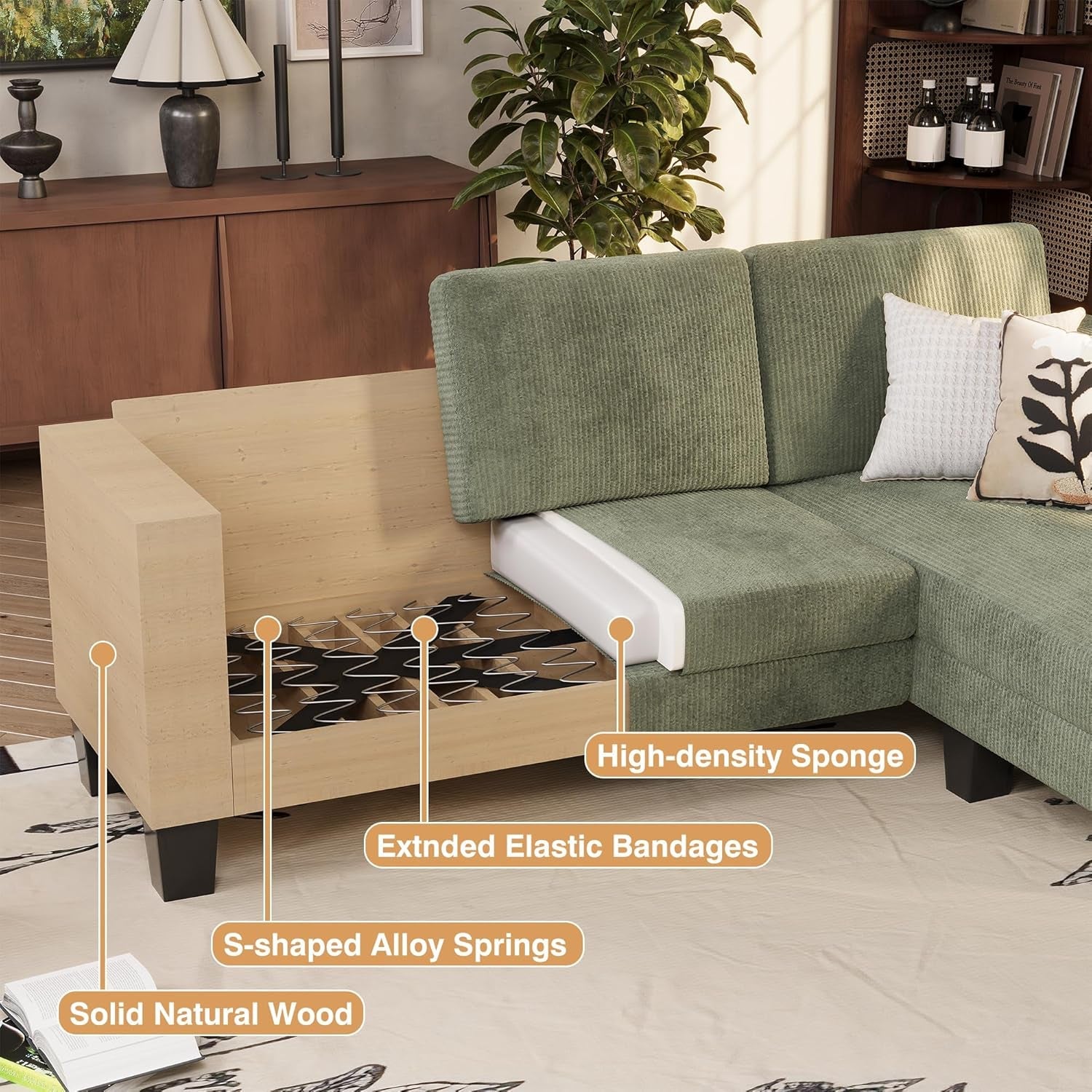 Green Convertible L Shape Sofa With Ottoman For Small Spaces