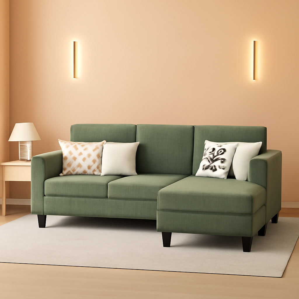 Green Convertible L Shape Sofa With Ottoman For Small Spaces