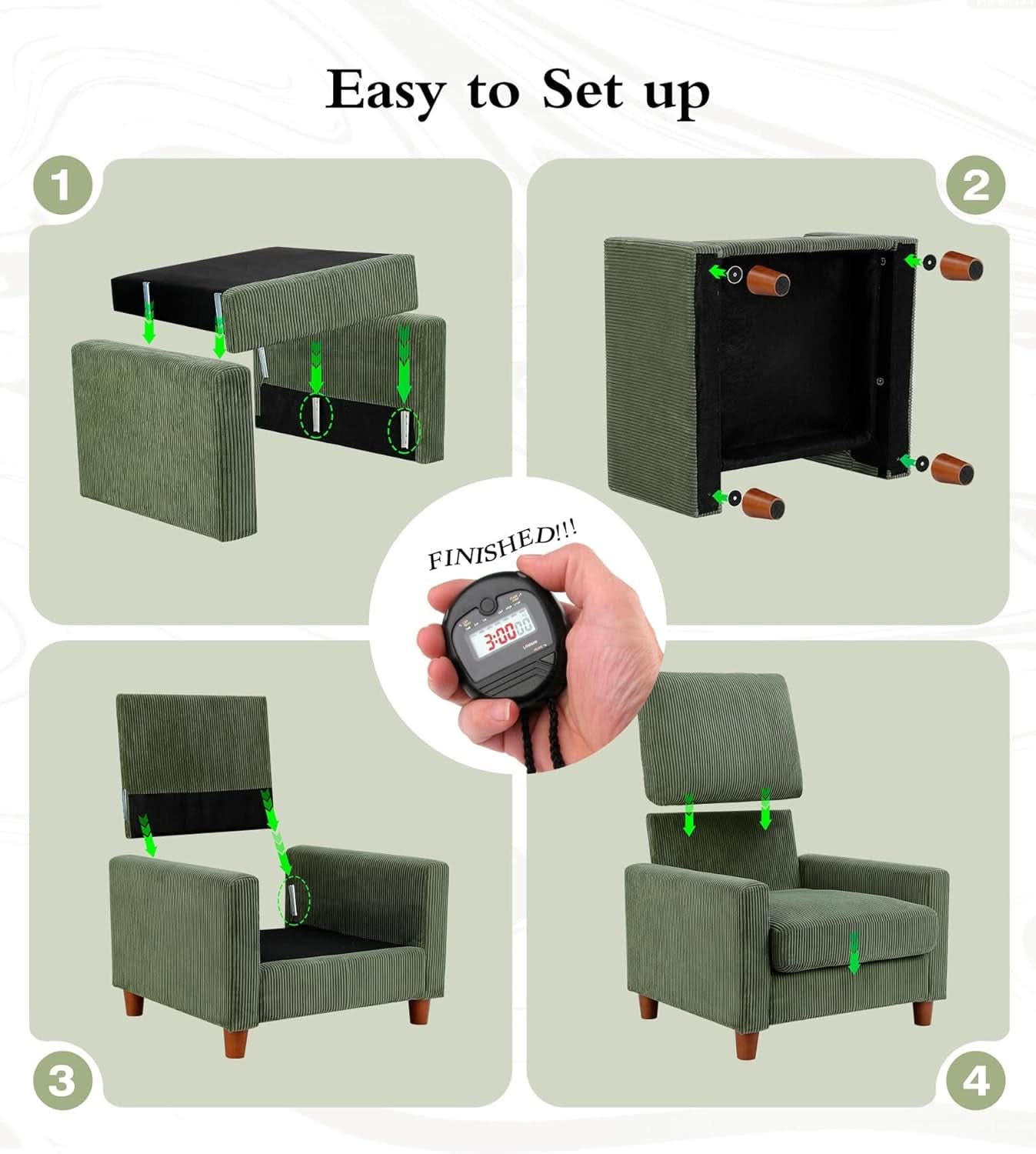 Green Corduroy Accent Chair With 22 Inch Deep Seat