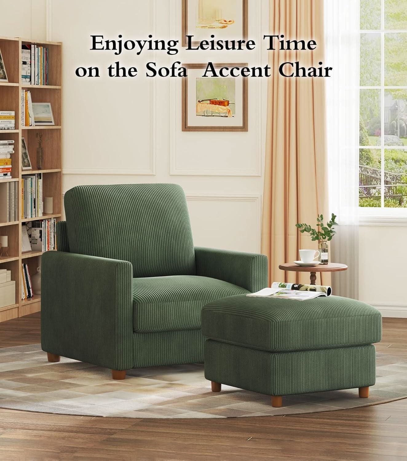 Green Corduroy Accent Chair With 22 Inch Deep Seat