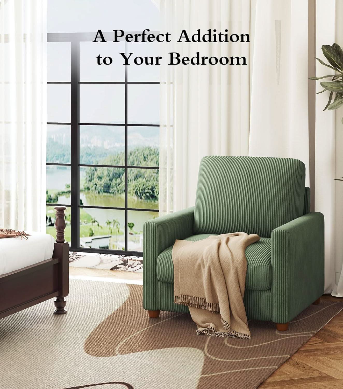Green Corduroy Accent Chair With 22 Inch Deep Seat