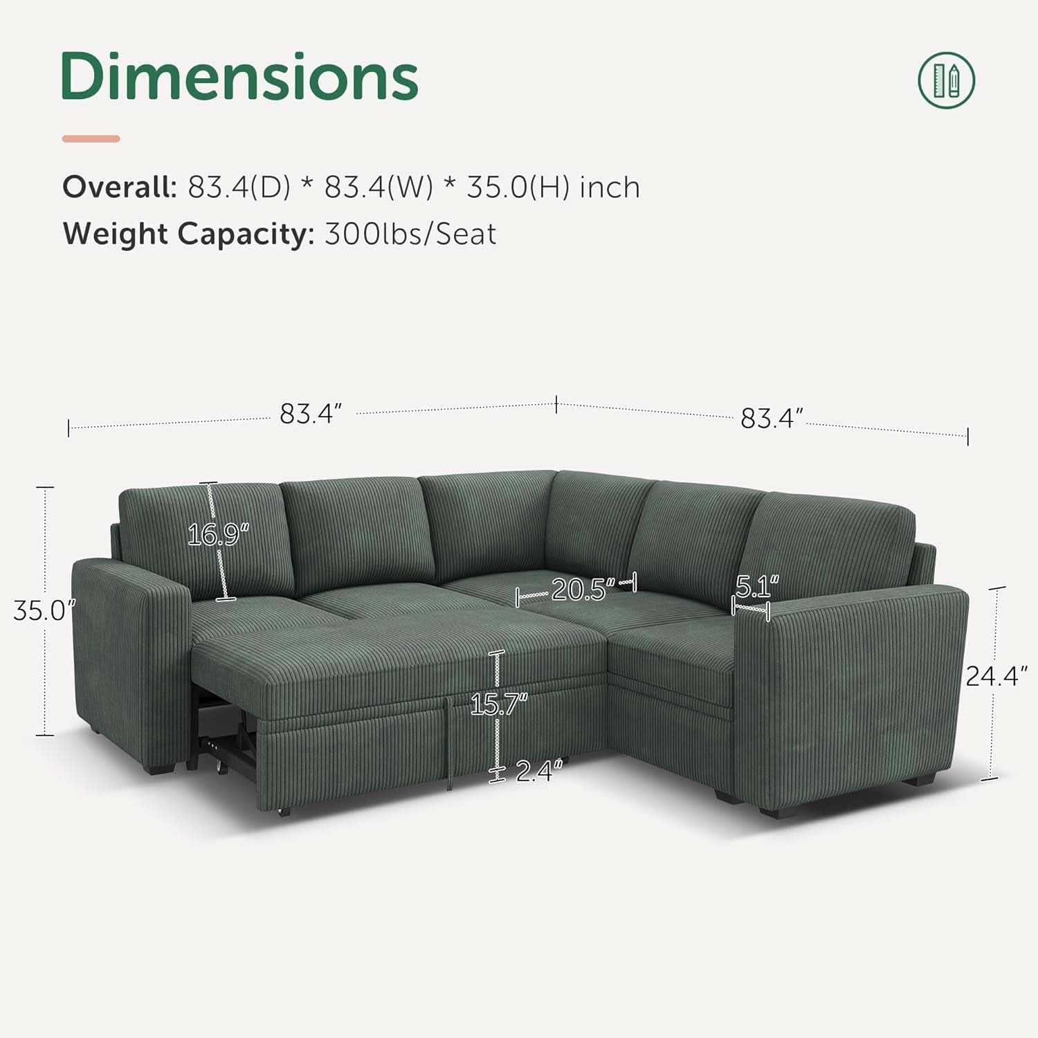 Green Corduroy Sectional Sleeper Sofa With Storage